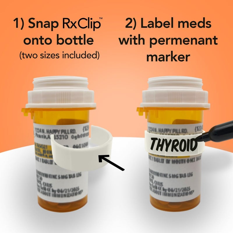RxClip 20 Pack Medicine Bottle Label Clips for Easy Medication Identification - 20ct Multipack with Marker (White) - Image 3